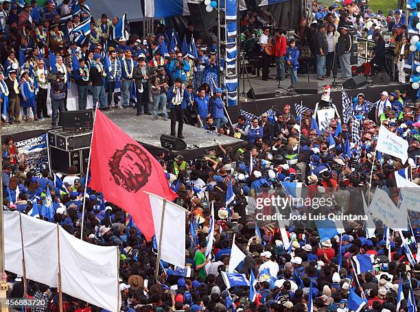 President of Bolivia and presidential candidate of the Socialist Movement, Evo Morales speaks during a closing ceremony of his presidential election...