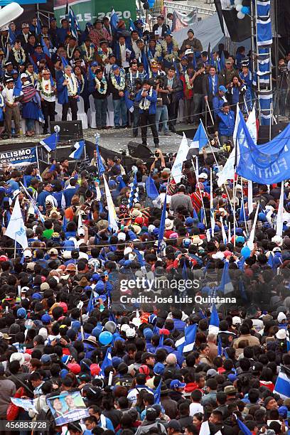 President of Bolivia and presidential candidate of the Socialist Movement, Evo Morales speaks during a closing ceremony of his presidential election...