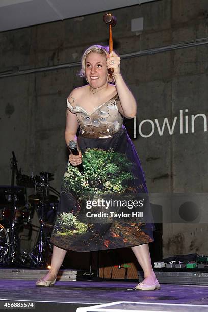 Lena Dunham auctions off her Rachel Antonoff dress at the 2014 The Lowline Anti-Gala Benefit Dinner at Skylight Modern on October 8, 2014 in New York...