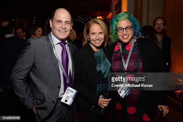 Producer Matthew Weiner, Yahoo News Global Anchor Katie Couric and filmmaker Jenji Kohan attend the Vanity Fair New Establishment Summit Cockatil...