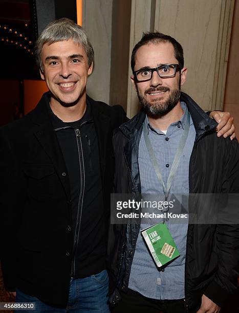 Google Co-founder Larry Page and Medium's Evan Williams attend the Vanity Fair New Establishment Summit Cockatil Party on October 8, 2014 in San...