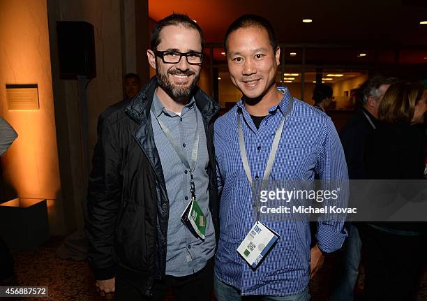 Evan Williams and Zappos.com CEO Tony Hsieh attend the Vanity Fair New Establishment Summit Cockatil Party on October 8, 2014 in San Francisco,...
