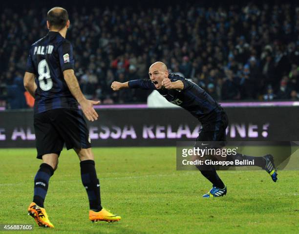 Esteban Cambiasso of Inter celebrates after scoring his team's first goal to equalise during the Serie A match between SSC Napoli vs FC...
