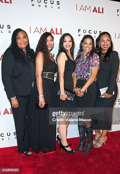 Maryum Ali, Rasheda Ali-Walsh, Khaliah Ali, Jamillah Ali-Joyce and Hana Ali arrive at the Los Angeles premiere of Focus World's "I Am Ali" at...