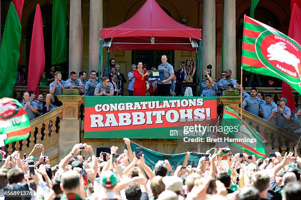 Lord Mayor of the City of Sydney, Clover Moore awards Rabbitohs head coach Michael Maguire the keys to the city during a South Sydney Rabbitohs NRL...