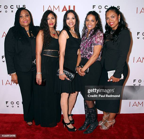 Maryum Ali, Rasheda Ali-Walsh, Khaliah Ali, Jamillah Ali-Joyce and Hana Ali arrive at the Los Angeles premiere of Focus World's "I Am Ali" at...