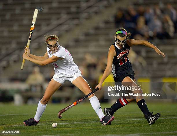 Westfield's Emily McNamara, left, fires a 1st half goal past Herndon's Katherine Wilson, right, duiring Westfield's defeat of Herndon 7 - 1 in girls...