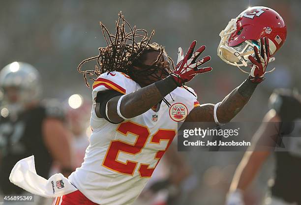 Kendrick Lewis of the Kansas City Chiefs is called for a penalty against the Oakland Raiders at O.co Coliseum on December 15, 2013 in Oakland,...