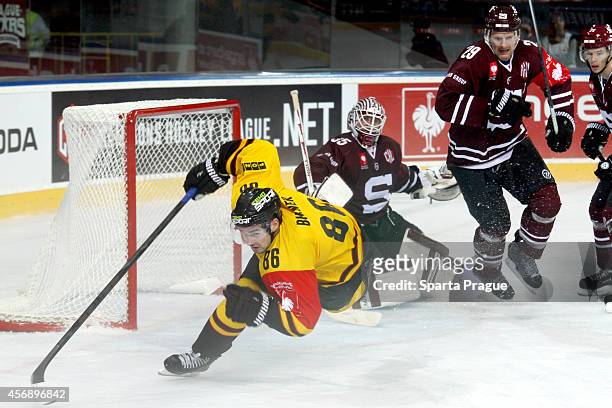 Michal Birner of Kalpa Kuopio and Karel Pilar of HC Sparta Prague skates in front of the net during the Champions Hockey League group stage game...