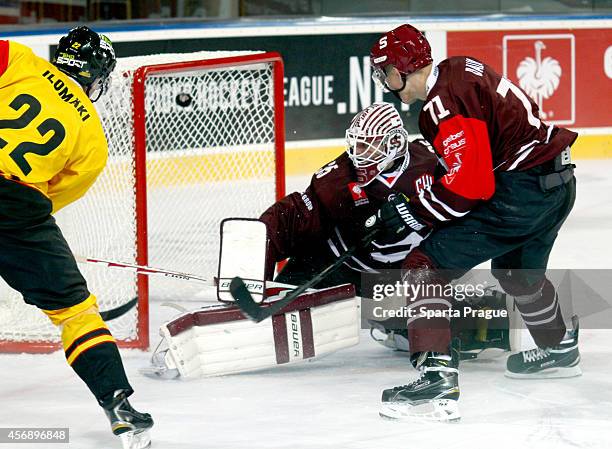 Arttu Ilomäki of Kalpa Kuopio scores a goal during the Champions Hockey League group stage game between Sparta Prague and KalPa Kuopio on September...