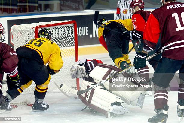 Filip Novotny of HC Sparta Prague made save during the Champions Hockey League group stage game between Sparta Prague and KalPa Kuopio on September...