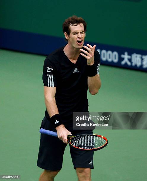 Andy Murray reacts after a game during his match against David Ferrer of Spain during day 5 of the Shanghai Rolex Masters at Zi Zhong stadium on...