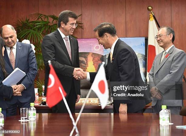 Turkish Economy Minister Nihat Zeybekci meets with Koya Nishikawa , Japan's Minister of Agriculture, Forestry and Fisheries , in Tokyo, Japan on...