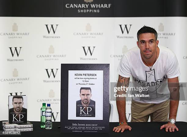 Kevin Pietersen poses during his book signing at Waterstones Canary Wharf Jubilee on October 9, 2014 in London, England.