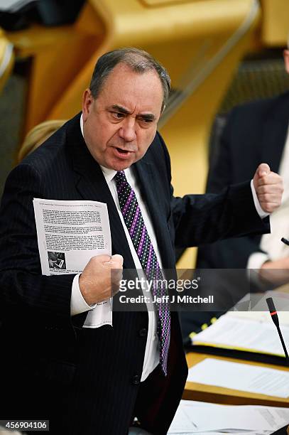 First Minister of Scotland Alex Salmond, takes First Minister's Questions at the Scottish Parliament on October 2, 2014 in Edinburgh, Scotland. Later...
