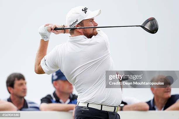 Shane Lowry of Ireland hits his tee shot on the 3rd hole during Day 1 of the Portugal Masters held at the Oceanico Victoria Golf Course on October 9,...