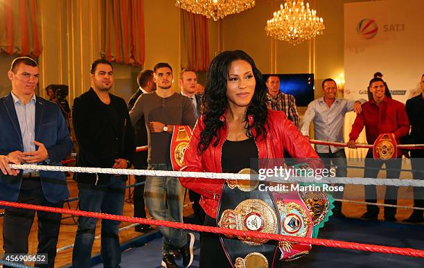 Cecilia Braekhus of Norway poses during the press conference at Hotel Adlon on October 9, 2014 in Berlin, Germany.