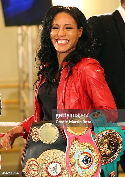 Cecilia Braekhus of Norway poses during the press conference at Hotel Adlon on October 9, 2014 in Berlin, Germany.