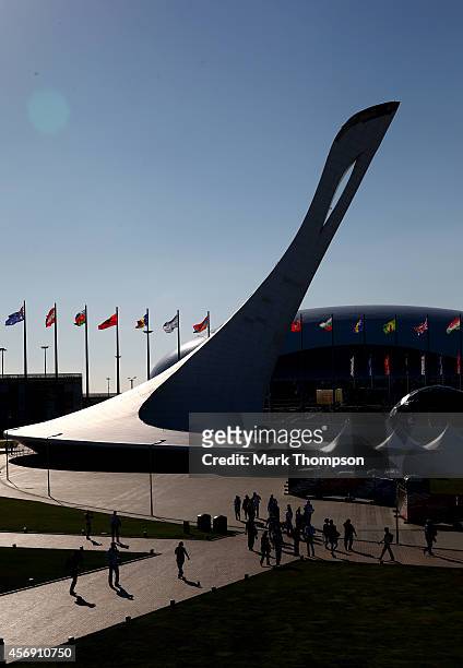 General view of the Olympic Cauldron during previews ahead of the Russian Formula One Grand Prix at Sochi Autodrom on October 9, 2014 in Sochi,...