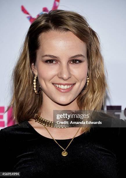 Actress Bridgit Mendler attends the Vevo CERTIFIED SuperFanFest presented by Honda Stage at Barkar Hangar on October 8, 2014 in Santa Monica,...