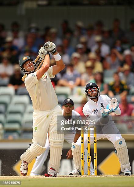 Shane Watson of Australia hits a six during day four of the Third Ashes Test Match between Australia and England at the WACA on December 16, 2013 in...