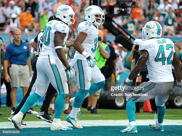 Miami Dolphins' Daniel Thomas celebrates a touchdown in the fourth quarter with teammates against the New England Patriots at Sun Life Stadium in...