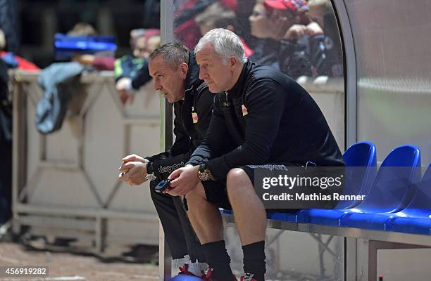 Head Coach Norbert Duewel and assistant coach Sebastian Boenig of 1. FC Union during the friendly match between FC Strausberg and 1 FC Union Berlin...