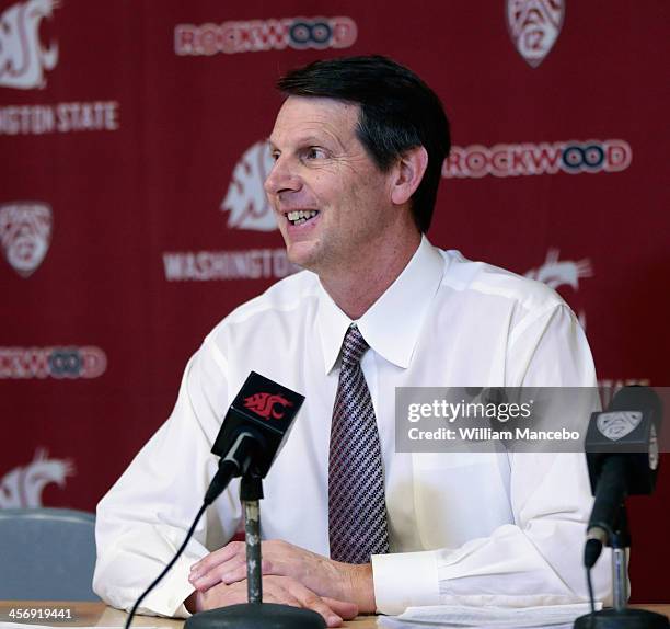 Head coach Ken Bone of the Washington State Cougars talks to the media following the game against the Pepperdine Waves at Beasley Coliseum on...