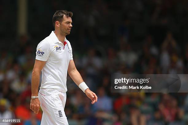 James Anderson of England looks dejected after having 28 runs hit off his over by George Bailey of Australia during day four of the Third Ashes Test...