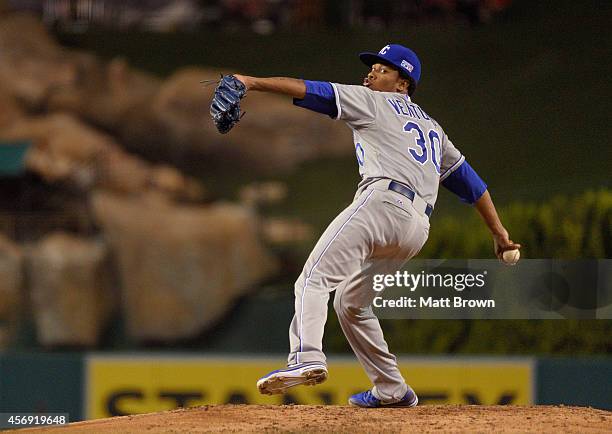 Yordano Ventura of the Kansas City Royals pitches against the Los Angeles Angels of Anaheim during Game 2 of the American League Division Series on...