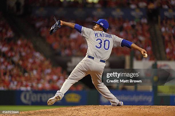 Yordano Ventura of the Kansas City Royals pitches against the Los Angeles Angels of Anaheim during Game 2 of the American League Division Series on...