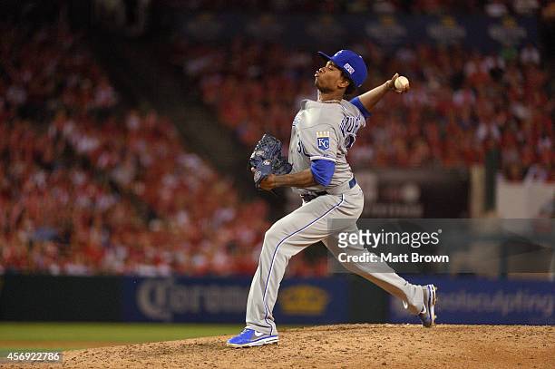 Yordano Ventura of the Kansas City Royals pitches against the Los Angeles Angels of Anaheim during Game 2 of the American League Division Series on...