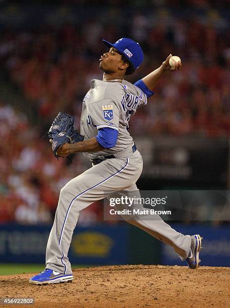 Yordano Ventura of the Kansas City Royals pitches against the Los Angeles Angels of Anaheim during Game 2 of the American League Division Series on...