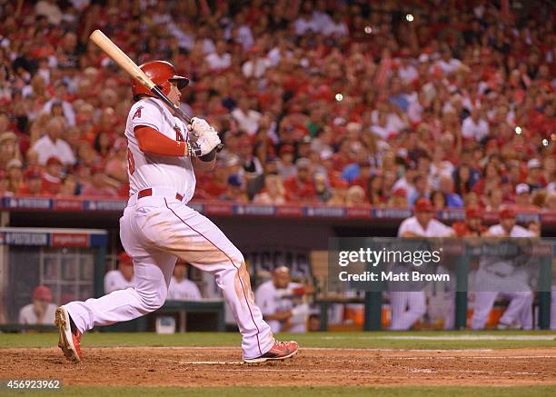 Kole Calhoun of the Los Angeles Angels of Anaheim at bat against the Kansas City Royals during Game 2 of the American League Division Series on...