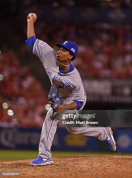 Yordano Ventura of the Kansas City Royals pitches against the Los Angeles Angels of Anaheim during Game 2 of the American League Division Series on...