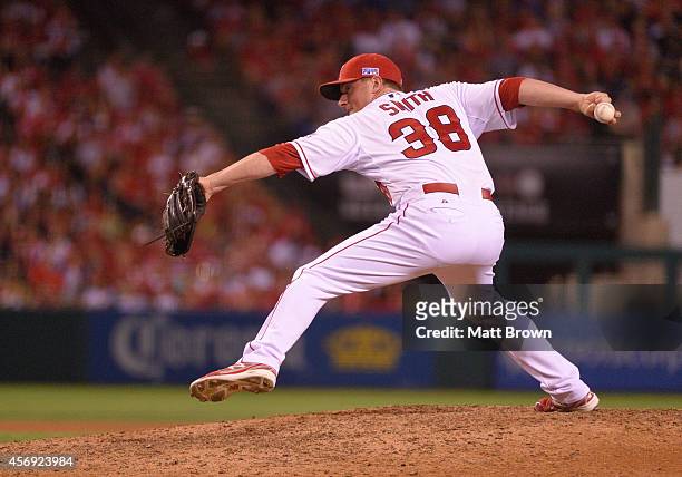 Joe Smith of the Los Angeles Angels of Anaheim pitches against the Kansas City Royals during Game 2 of the American League Division Series on October...