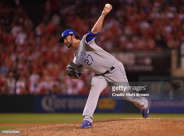 Brandon Finnegan of the Kansas City Royals pitches against the Los Angeles Angels of Anaheim during Game 2 of the American League Division Series on...