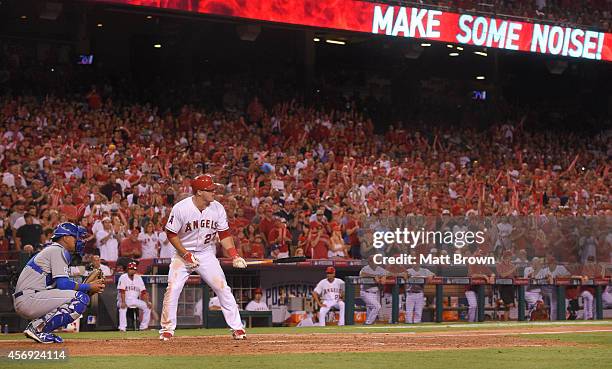 Mike Trout of the Los Angeles Angels of Anaheim at bat against the Kansas City Royals during Game 2 of the American League Division Series on October...