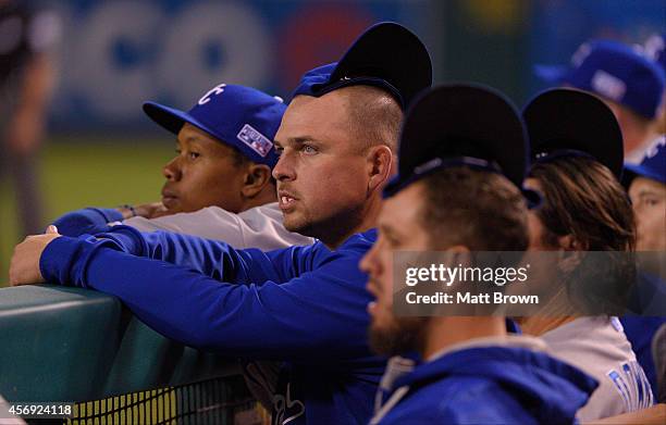 Billy Butler of the Kansas City Royals wears his rally cap against the Los Angeles Angels of Anaheim during Game 2 of the American League Division...