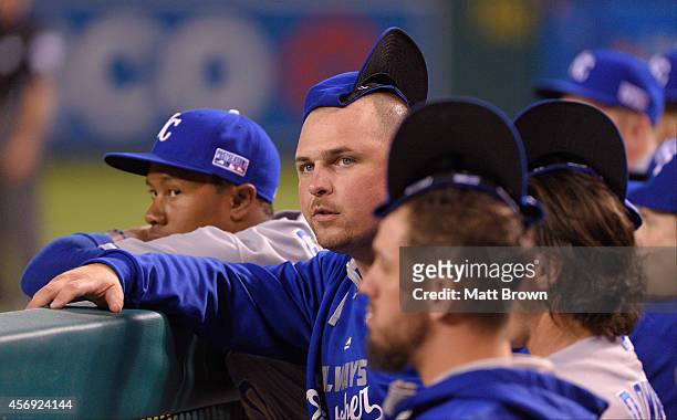 Billy Butler of the Kansas City Royals wears his rally cap against the Los Angeles Angels of Anaheim during Game 2 of the American League Division...