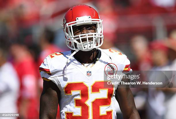 Cyrus Gray of the Kansas City Chiefs looks on during pre-game warm ups prior to playing the San Francisco 49ers at Levi's Stadium on October 5, 2014...