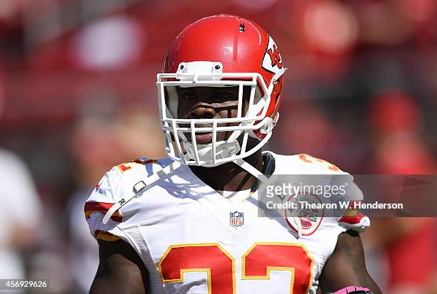 Cyrus Gray of the Kansas City Chiefs looks on during pre-game warm ups prior to playing the San Francisco 49ers at Levi's Stadium on October 5, 2014...
