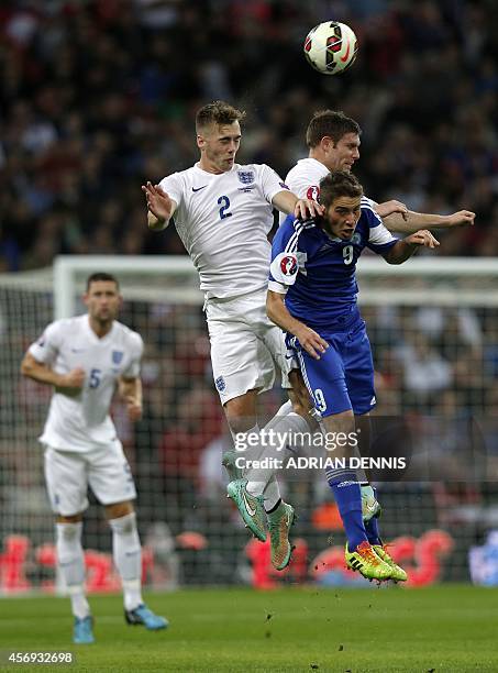 San Marino's Luca Tosi vies for the ball against England's midfielder James Milner and Calum Chambers during a Euro 2016 Qualifier football match...