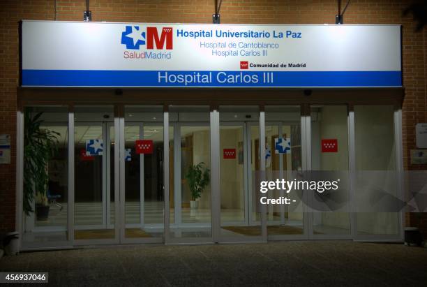 The front entrance to the Carlos III hospital is pictured in Madrid on October 8, 2014 where eight people are in quarantine as a precaution following...