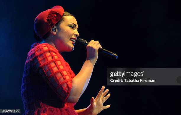 Caro Emerald performs on stage at Brighton Centre on October 9, 2014 in Brighton, United Kingdom.