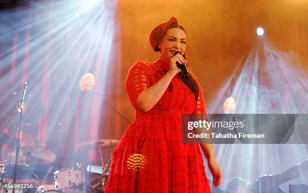 Caro Emerald performs on stage at Brighton Centre on October 9, 2014 in Brighton, United Kingdom.