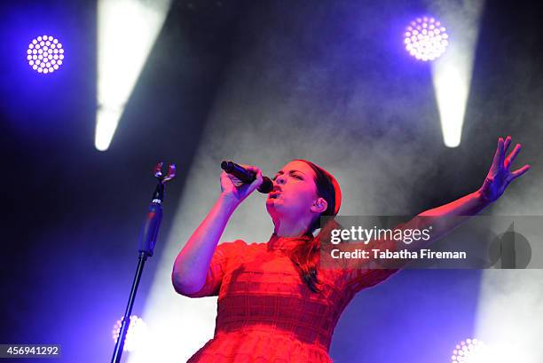 Caro Emerald performs on stage at Brighton Centre on October 9, 2014 in Brighton, United Kingdom.