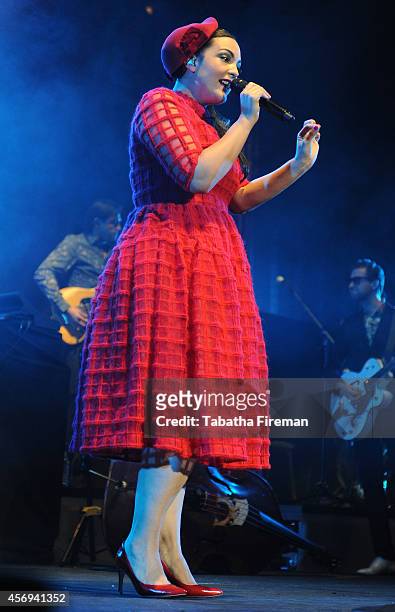 Caro Emerald performs on stage at Brighton Centre on October 9, 2014 in Brighton, United Kingdom.