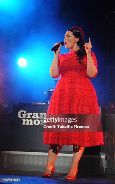 Caro Emerald performs on stage at Brighton Centre on October 9, 2014 in Brighton, United Kingdom.