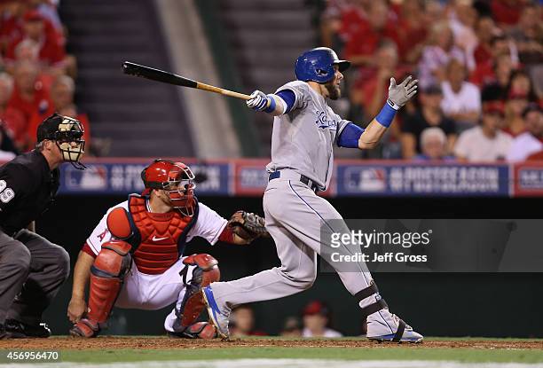 Alex Gordon of the Kansas City Royals bats against the Los Angeles Angels of Anaheim during Game One of the American League Division Series at Angel...